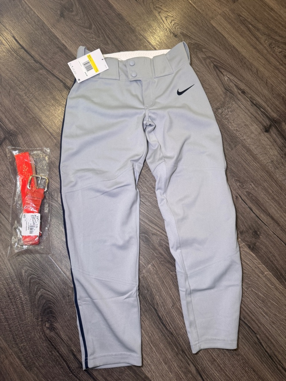 Nike Kids Light Gray Baseball Pants with Navy Stripe